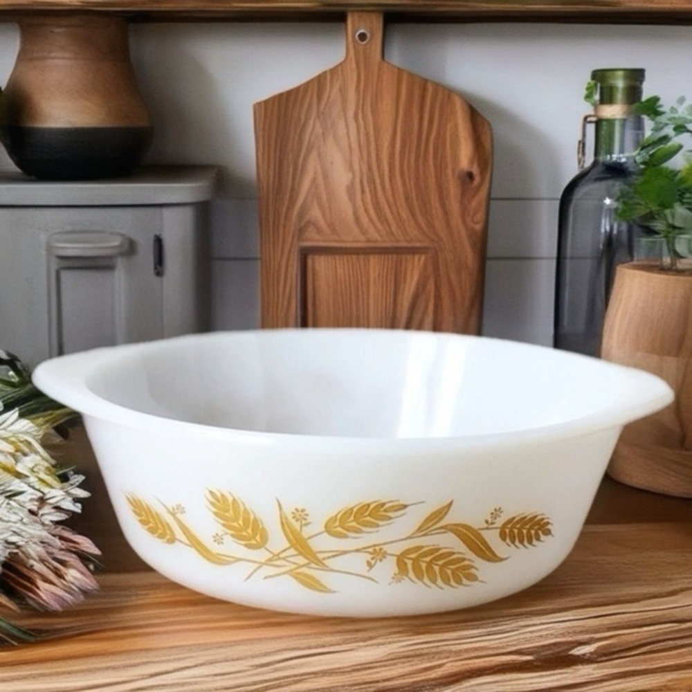 Sears 2 Quart Ovenware White Milk Glass Gold Wheat J-514 VTG 8” Oval Dish NO LID